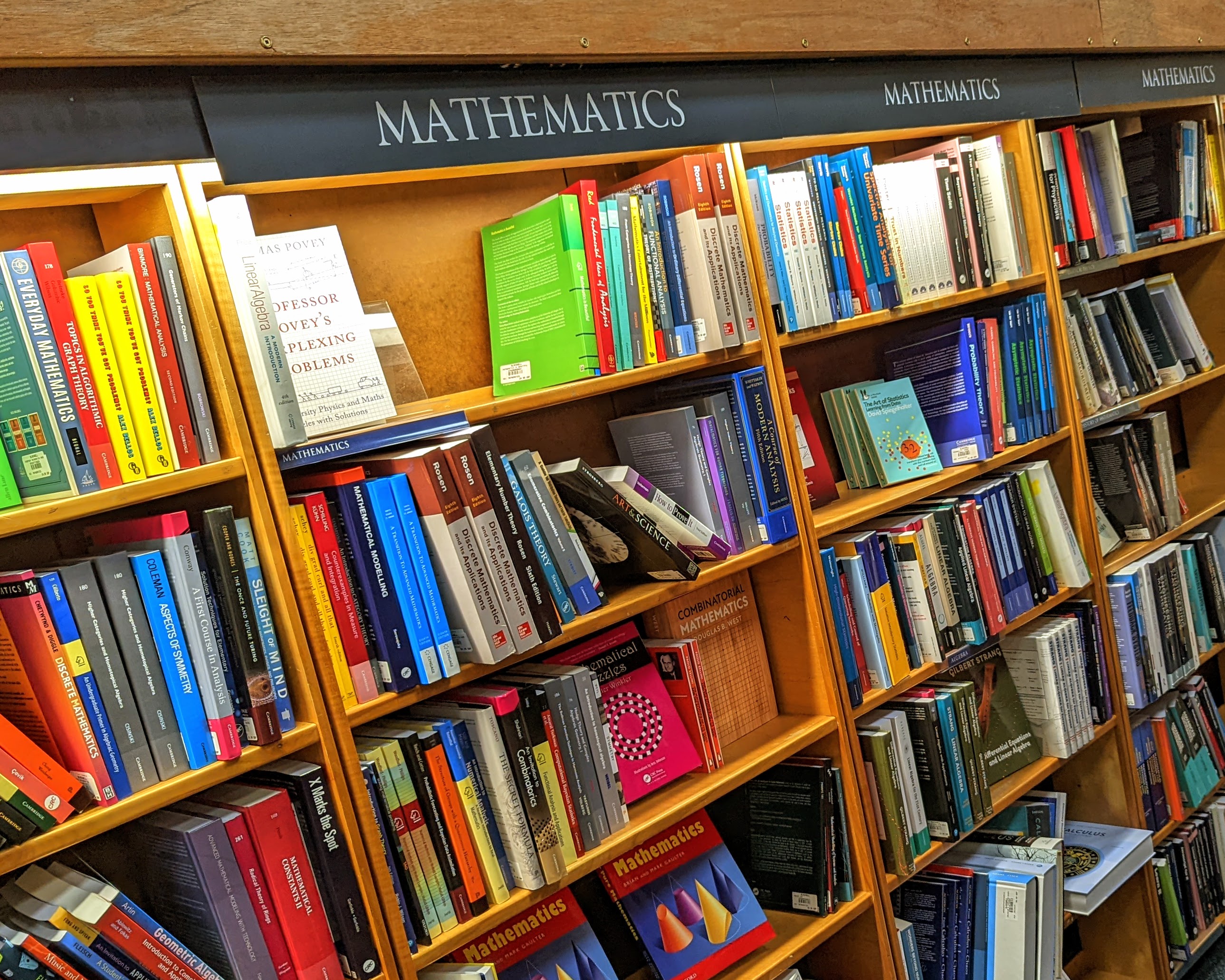 Photograph of the mathematics section of Blackwell's book shop in Oxford.