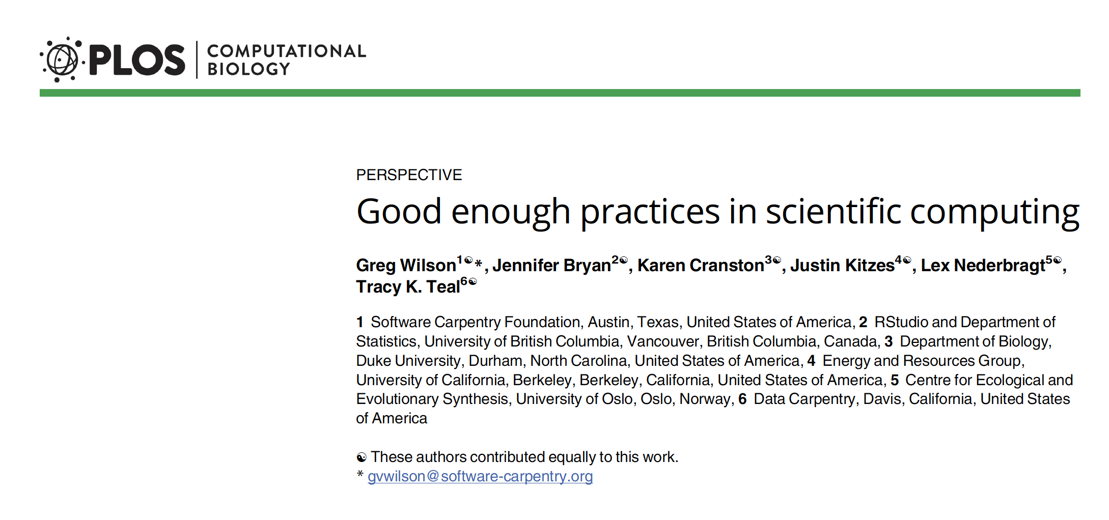 Header section of a PLOS Comptational Biology perspective paper titled &#039;Good Enough Practices in Scientific Computing'.
