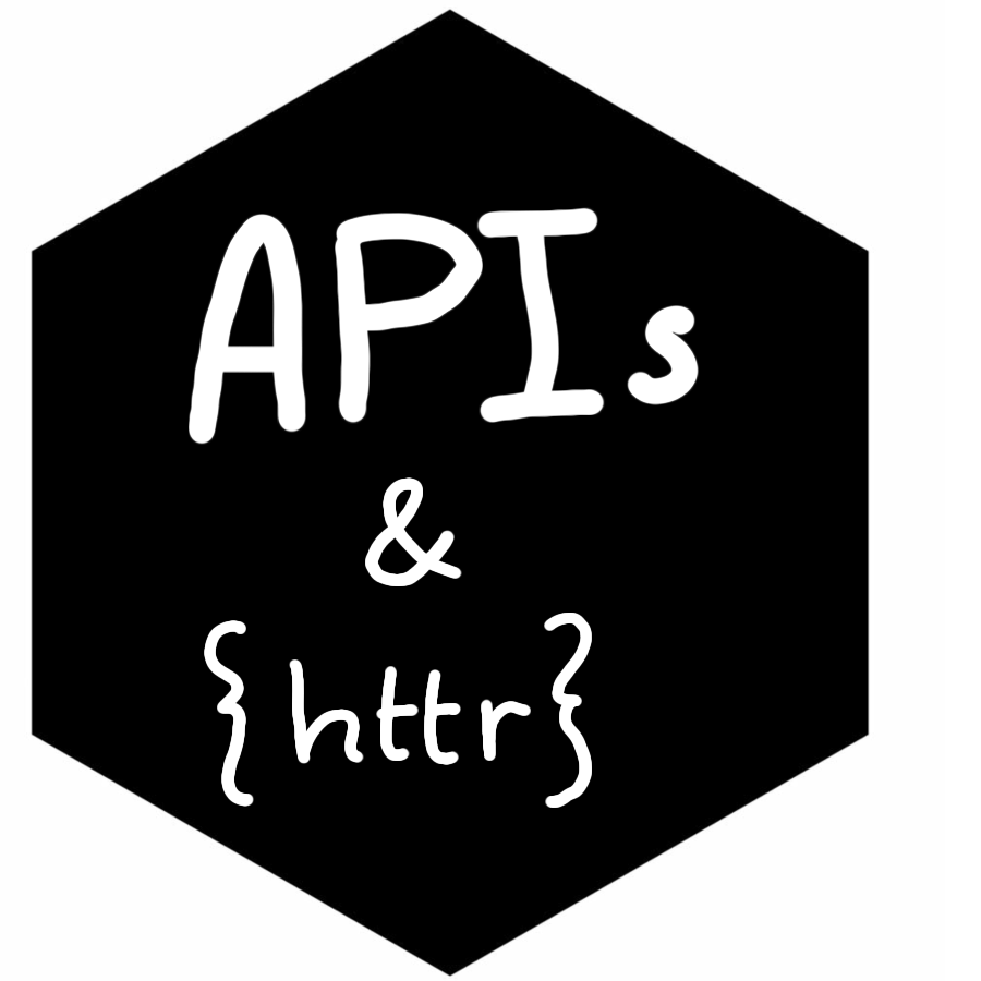 The text APIs and httr, written on a black hexagon.