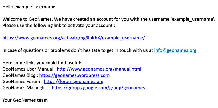 Screenshot of the GeoNames confirmation email, which gives a link to click in order to confirm the new account.