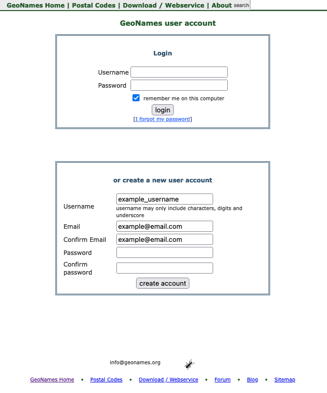 Screenshot of the GeoNames login page. Example text has been added in the fields to create a new user account.