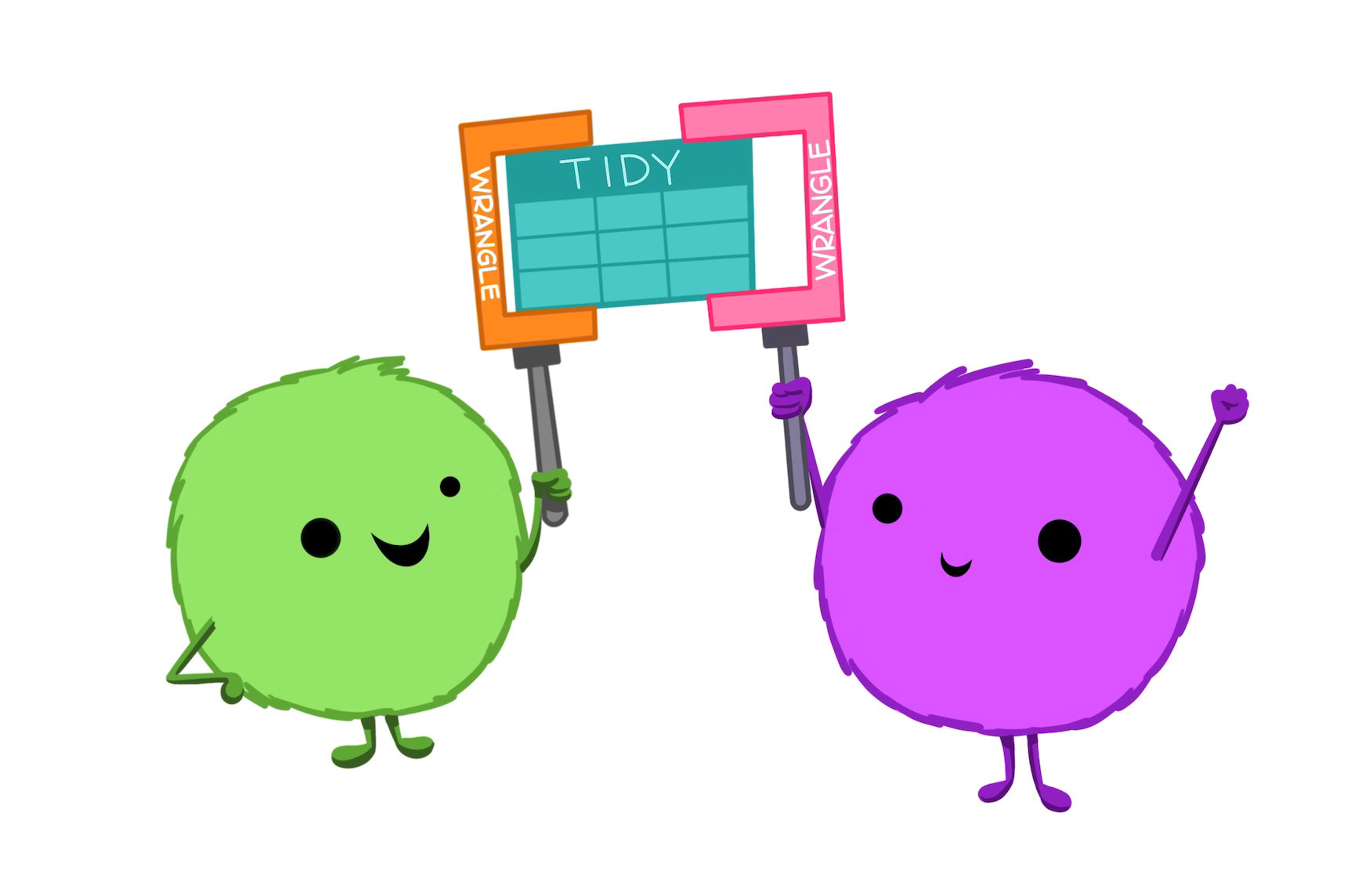 Two happy looking round fuzzy monsters, each holding a similarly shaped wrench with the word “wrangle” on it. Between their tools is held up a rectangular data table labeled “TIDY.”