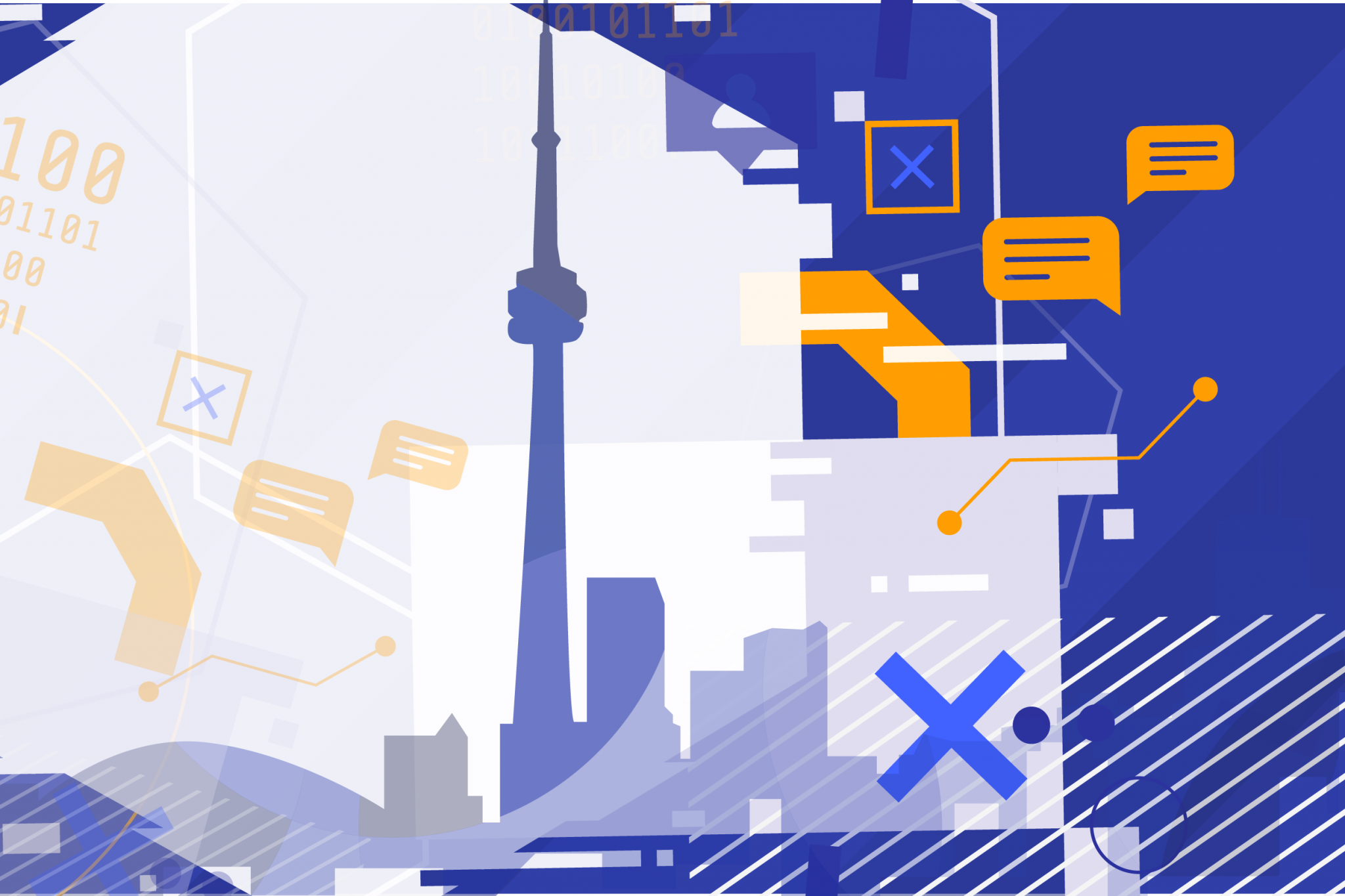 Stylised combination of the CN tower and data icons in purple and orange